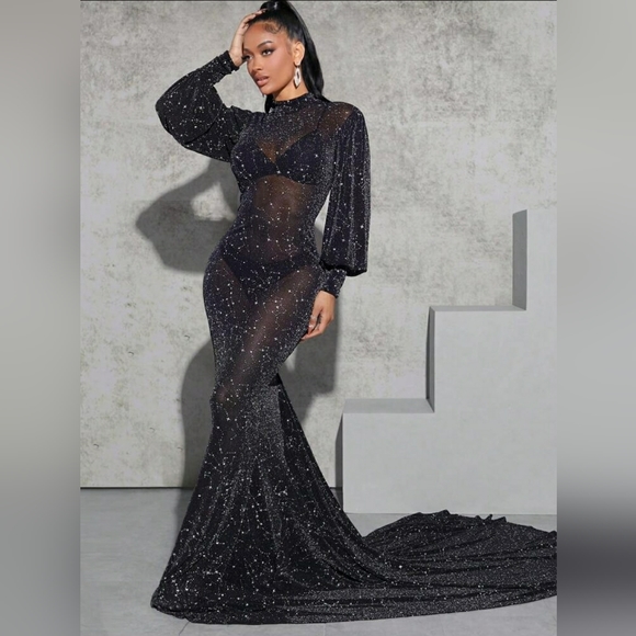 Mock Neck Lantern Sleeve Mermaid Hem Mesh Dress - Picture 3 of 6